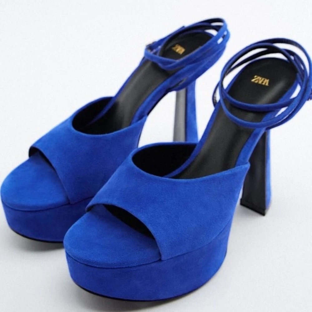 Real SUEDE ZARA Bright Blue Platform Strappy Sandals Heels Size 38
